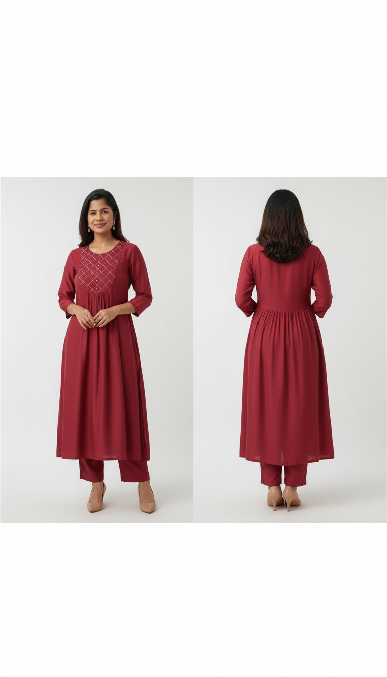 Maroon Ethnic Motifs Embroidered V-Neck Mirror Work Anarkali Kurta – Regal Ethnic Elegance for Women