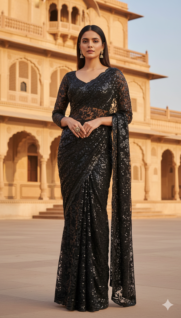 Embroidered & Embellished Self-Design Bollywood Georgette Saree β Glamorous Ethnic Wear