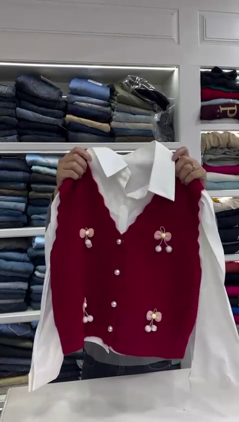 Women's Long Sleeve Shirt with Knitted Sleeveless Vintage Oversized Cute Sweaters - Image 4