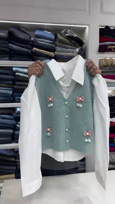 Women's Long Sleeve Shirt with Knitted Sleeveless Vintage Oversized Cute Sweaters - Image 5