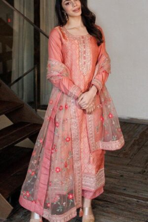 Women Peach-Coloured Floral Kurta with Trousers & Dupatta